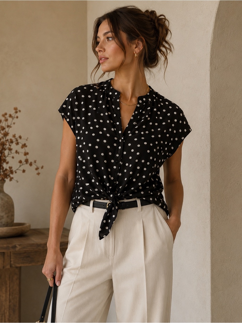 Pink Rose Black & White Polka Dot Blouse | Size M
